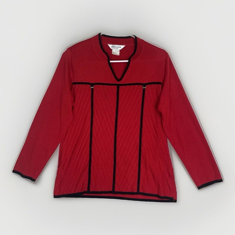 Exclusively Misook Red Sweater Black Trim Long Sleeve Shoulder Pad